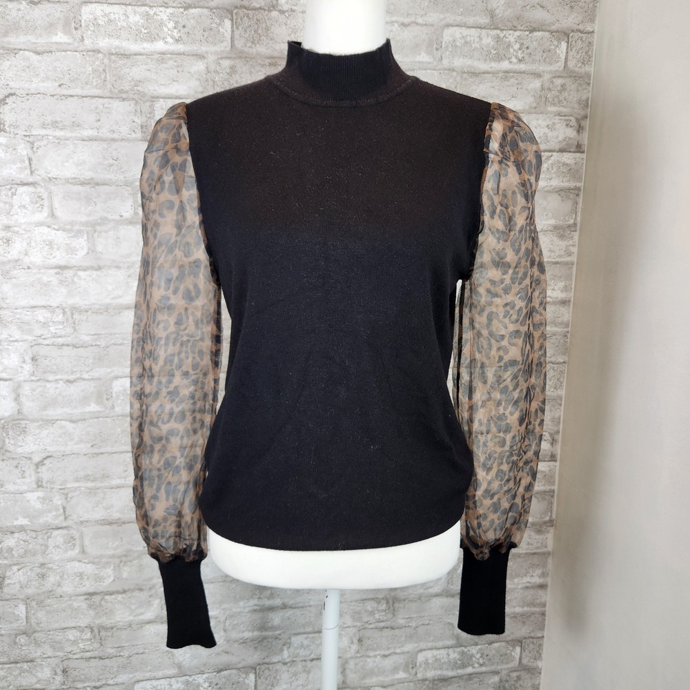Sioni Milano Sweater Puff Sleeve Leopard Print Sheer Mesh Mock Neck Black M